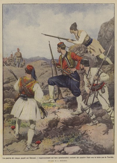 Krigen mellem de fem folkeslag på Balkan, repræsentanterne i deres karakteristiske kostumer af? af Achille Beltrame