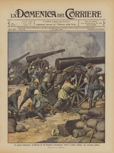Den italiensk-tyrkiske krig, 149-batteriet spreder en fjendens karavane i Bu-Kamech, mod den tunesiske grænse af Achille Beltrame