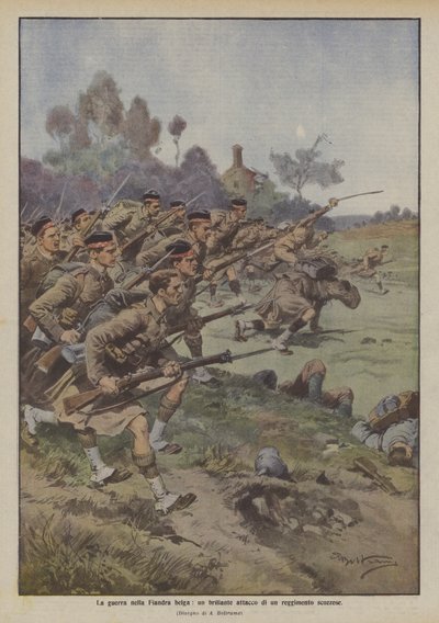 Krig i Belgisk Flandern, et strålende angreb fra et skotsk regiment af Achille Beltrame