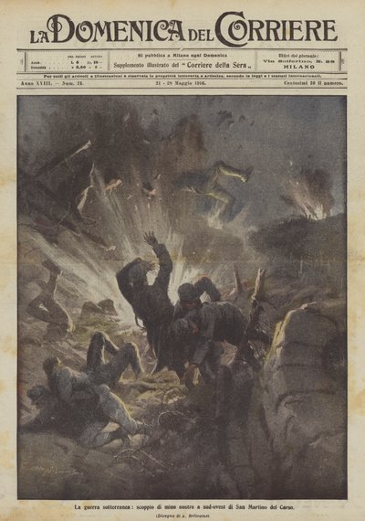 Den underjordiske krigsførelse, eksplosion af vores miner sydvest for San Martino del Carso af Achille Beltrame