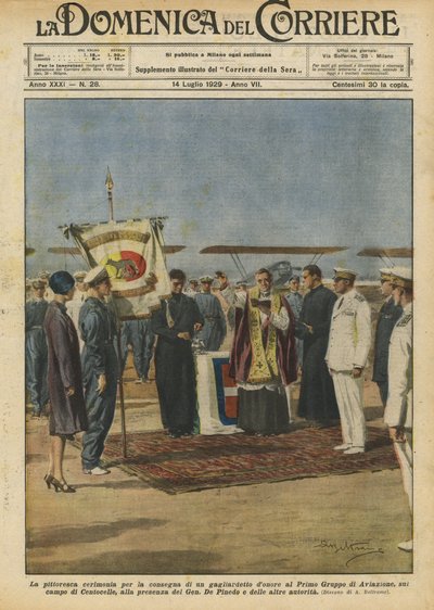 Den maleriske ceremoni for levering af en æresvimpel til First Aviation Group? af Achille Beltrame