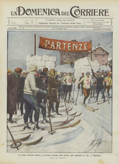 Italiens første vinterturismekaravane på Spluga, nationale skiløb i Madesimo af Achille Beltrame