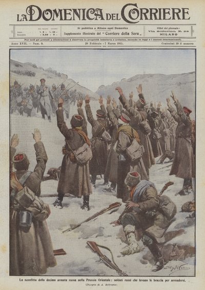 Nederlaget for den russiske 10. armé i Østpreussen, russiske soldater løfter deres arme for at overgive sig af Achille Beltrame