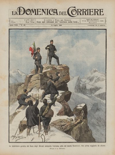 Ekspeditionen under ledelse af hertugen af Abruzzerne erobrer den højeste top af Ruwenzori-bjerget? af Achille Beltrame