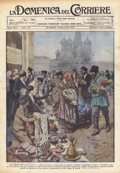 Tragedien om de nye fattige i Moskva (farve litho) af Achille Beltrame