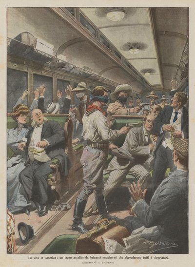 Livet i Amerika, et tog angrebet af maskerede banditter, der plyndrede alle rejsende af Achille Beltrame