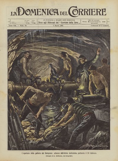 Åbning af Simplontunnelen, angreb på den sidste membran, der blev perforeret den 24. februar af Achille Beltrame