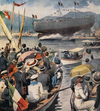 Opsendelse af slagskib Andrea Doria fra Arsenale i La Spezia, panel af Achille Beltrame (1871-1945), La Domenica del Corriere, 6. april af Achille Beltrame