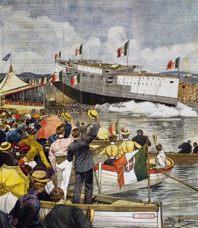Opsendelse af slagskib Regina Margherita i La Spezia, panel af Achille Beltrame (1871-1945), La Domenica del Corriere, 9. juni af Achille Beltrame