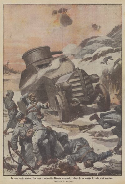 Topmoderne våben. En af vores panserbiler overrasker og spreder en gruppe østrigske opdagelsesrejsende af Achille Beltrame