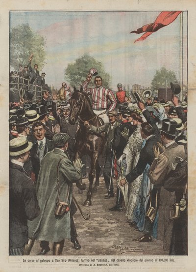 Galopløb på San Siro (Milano), ankomsten af den hest, der vandt 100.000 lire ved pesage af Achille Beltrame