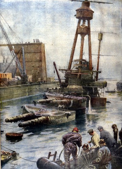 Det tyske slagskib Hindenburg, sænket ved Scapa Flow i Skotland, vendte tilbage til overfladen takket være den engelske flåde efter 7 år tilbragt på bunden af ​​havene. Illustration af Beltrame. Domenica del corriere af Achille Beltrame