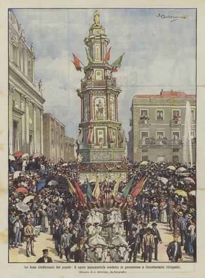Folkets traditionelle festivaler, den monumentale vogn båret i procession til Casteltermini (Girgenti) af Achille Beltrame