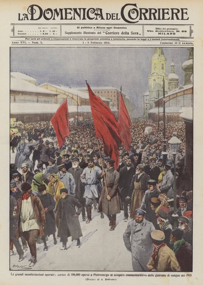 Store arbejderdemonstrationer, optog af 100.000 arbejdere i Sankt Petersborg i forbindelse med en mindestrejke ? af Achille Beltrame