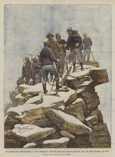 De store prøver i bjergbestigning, det 36. alpine kompagni af Susa-bataljonen når toppen ? af Achille Beltrame
