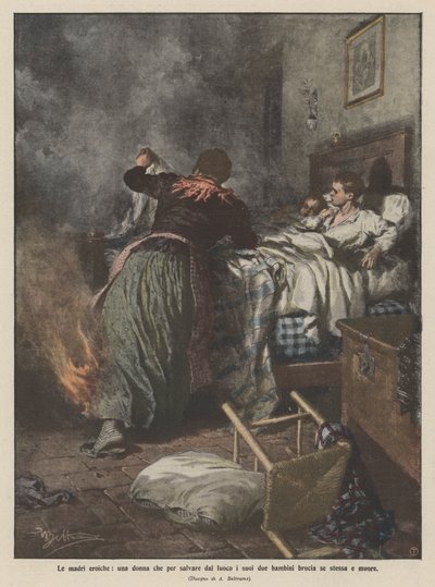 Heltemodige mødre, en kvinde, der brænder sig selv ihjel for at redde sine to børn fra en brand af Achille Beltrame