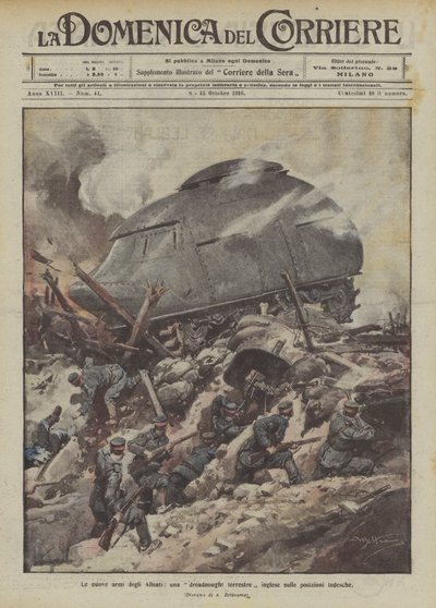 De nye allierede våben, et britisk land dreadnought på tyske stillinger af Achille Beltrame