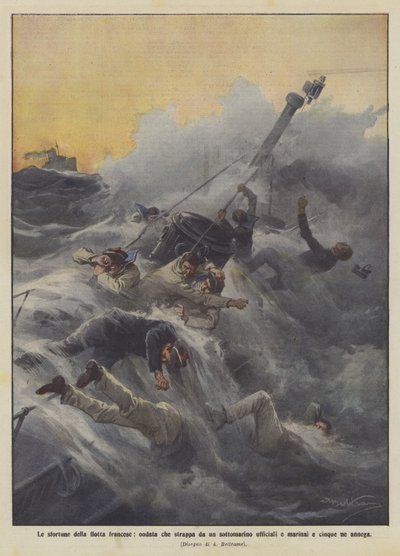 Den franske flådes ulykker, en bølge, der river officerer og matroser ud af en ubåd og drukner fem af dem af Achille Beltrame