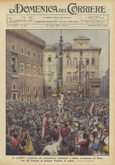 Cykelstafeterne af Dopolavoro samlet i Rom hyldest til Duce, at fra balkonen? af Achille Beltrame