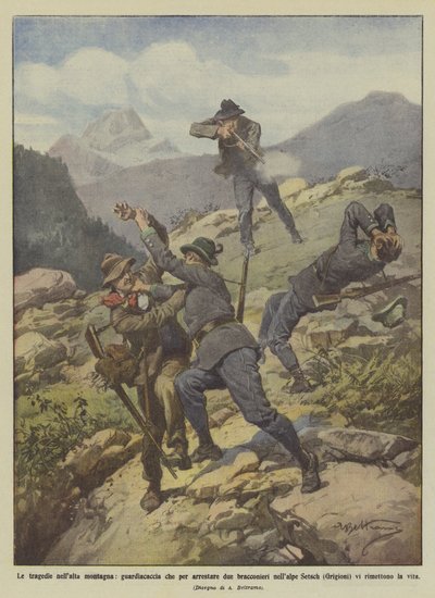 Tragedier i de høje bjerge, vildtpassere, der anholder to krybskytter i Setsch Alp? af Achille Beltrame
