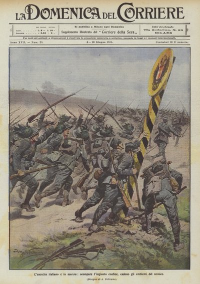 Den italienske hær er på march, den højre grænse forsvinder, fjendens emblemer falder af. af Achille Beltrame