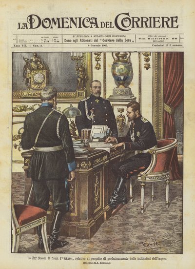 Zar Nikolaus II underskriver lukasen om projektet til forbedring af imperiets institutioner af Achille Beltrame