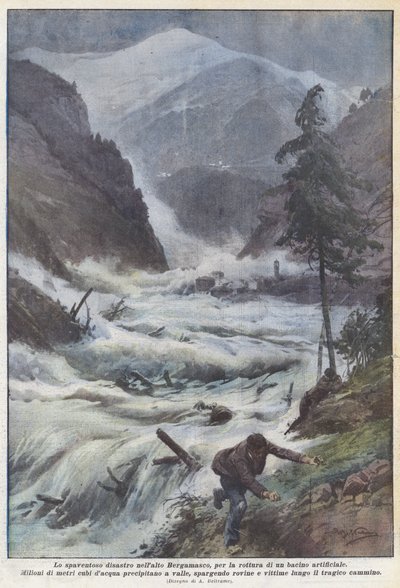 Den skræmmende katastrofe i det øvre Bergamo-område på grund af brud på et kunstigt bassin af Achille Beltrame