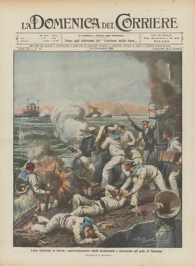 Brødrekamp i Grækenland, oprørernes torpedobåde bombarderes og nedkæmpes i Salamisbugten af Achille Beltrame