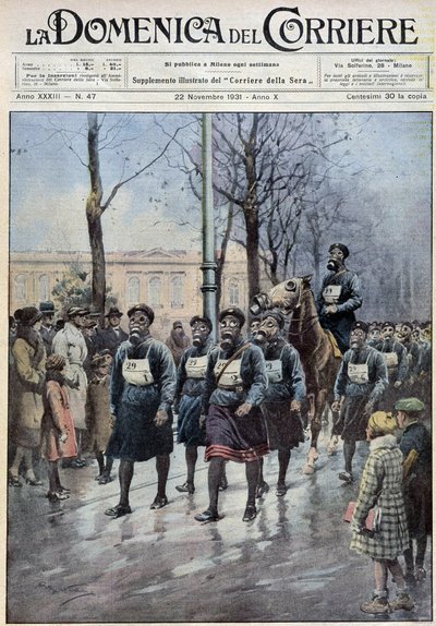 Marts arrangeret i Warszawa for at øve befolkningen i brugen af gasmasker - tegning af A. Beltrame, i "" la Domenica del Corriere"" af 22/11/1931 af Achille Beltrame
