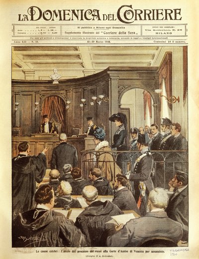 Maria Tarnowska for retten i Venedig, af Achille Beltrame, illustration, illustrator Achille Beltrame (1871-1945), fra La Domenica del Corrier af Achille Beltrame