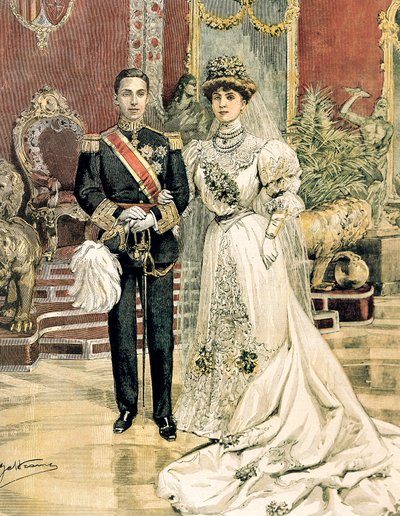 Ægteskab mellem kong Alfonso XIII af Spanien og prinsesse Ena af Battenberg, Achille Beltrame (1871-1945) fra La Domenica del Corriere, 3. juni af Achille Beltrame