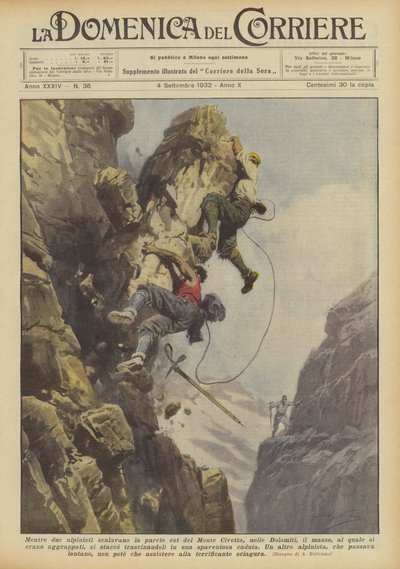 Mens to klatrere klatrede op mod østsiden af ​​Monte Civetta, i Dolomitterne, klippen? af Achille Beltrame