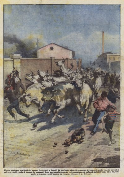 Mens de blev læsset af jernbanevognene, i Napoli, lykkedes det 24 okser at flygte? af Achille Beltrame