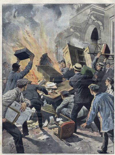 Midi-vinkrise i 1907: vinbønder satte ild til rådhuset i Beziers (Herault). Illustration af Achille Beltrame fra 1907. af Achille Beltrame