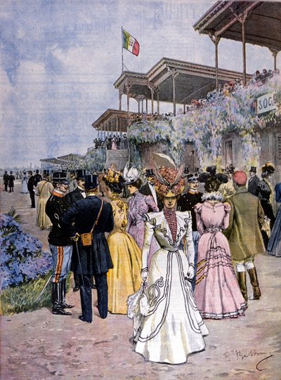 Milano: hestevæddeløb på San Siro-væddeløbsbanen: uddeling af handelsprisen (Premio del commercio). Illustration af Beltrame. Domenica del corriere. 1899. af Achille Beltrame