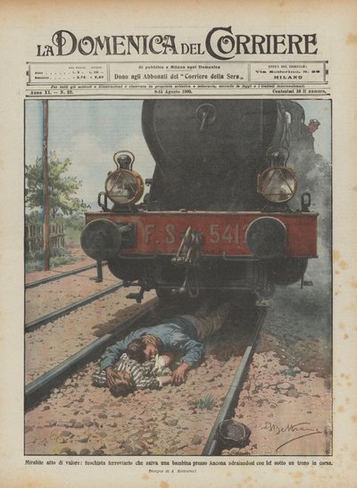 En beundringsværdig handling af tapperhed: En jernbanestoker redder en lille pige nær Ancona ved at lægge sig ned med ? af Achille Beltrame
