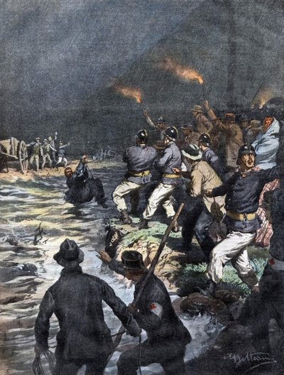 Mirakuløs redning af vognmænd blokeret på en ø ved floden Serio nær Bergamo - Illustration af Beltrame i "La Domenica del Corriere"" 10/1909 af Achille Beltrame