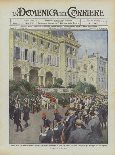 Hertuginden af ​​Genovas mors død, liget forlader villaen Stresa ved Maggiore-søen? af Achille Beltrame