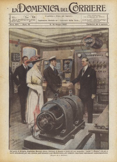 I havnen i Sevilla modtager Guglielmo Marconi Spaniens suveræner ombord på sin storslåede? af Achille Beltrame