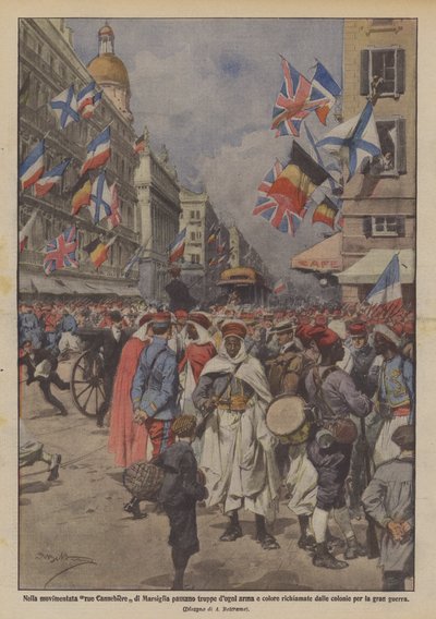 I den travle Rue Cannebiere i Marseille passerer tropper af alle våben og farver, tiltrukket af ? af Achille Beltrame