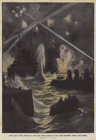 I Pulas farvande, under et af de seneste effektive angreb fra det formidable italienske luftvåben af Achille Beltrame