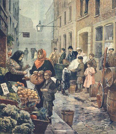 En af de mest karakteristiske gader i det italienske kvarter, Soffron Hill, London, af Achille Beltrame (1871-1945) fra La Domenica del Corriere af Achille Beltrame