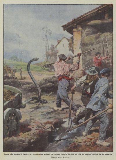 Arbejdstagere, der på deres arbejde i Aix-les-Bains er rædselsslagne over at se deres arbejdsstyrke rejse sig foran dem ? af Achille Beltrame