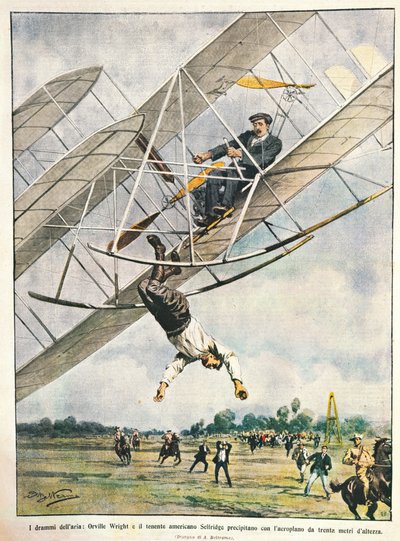 Orville Wright og løjtnant Seliridge styrter med biplan fra tredive meter, USA, illustration af Achille Beltrame fra La Domenica del Corriere, 11. oktober af Achille Beltrame