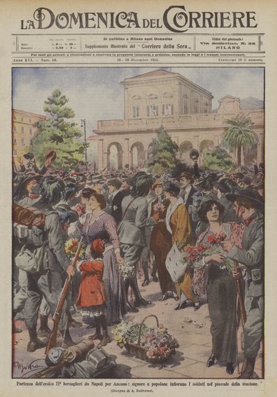 Afgang af den heroiske ll ° bersaglieri fra Napoli til Ancona, mine damer og almindelige blomstrer soldaterne? af Achille Beltrame