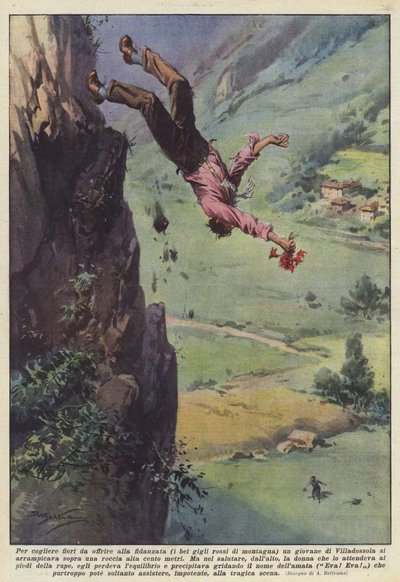 At plukke blomster for at tilbyde sin kæreste (de smukke røde bjergliljer) en ung mand? af Achille Beltrame