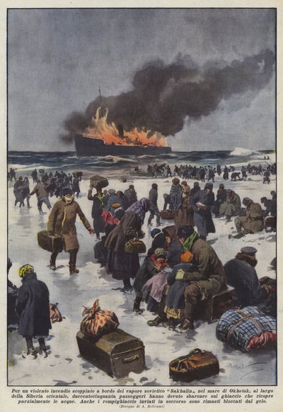En voldsom brand udbrød om bord på det sovjetiske dampskib Sakhalin i Okhotsk Hav? af Achille Beltrame