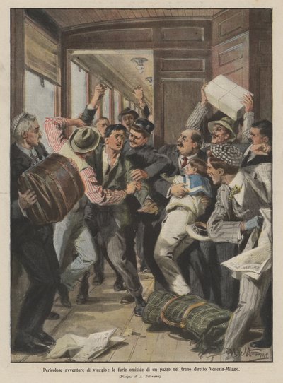 Farlige rejseeventyr, en galnings morderiske raseri på det direkte tog Venedig-Milano af Achille Beltrame