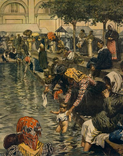 Pilgrimsrejse til Caravaggio: Badning i mirakuløse farvande, af Achille Beltrame (1871-1945), fra La Domenica del Corriere af Achille Beltrame