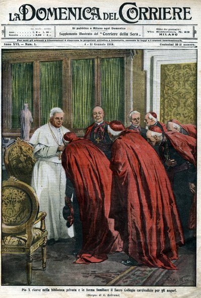 Pave Pius X modtager kardinalerne i sit bibliotek til nytårsønsket. Forside af Domenica del Corriere af 4. januar af Achille Beltrame